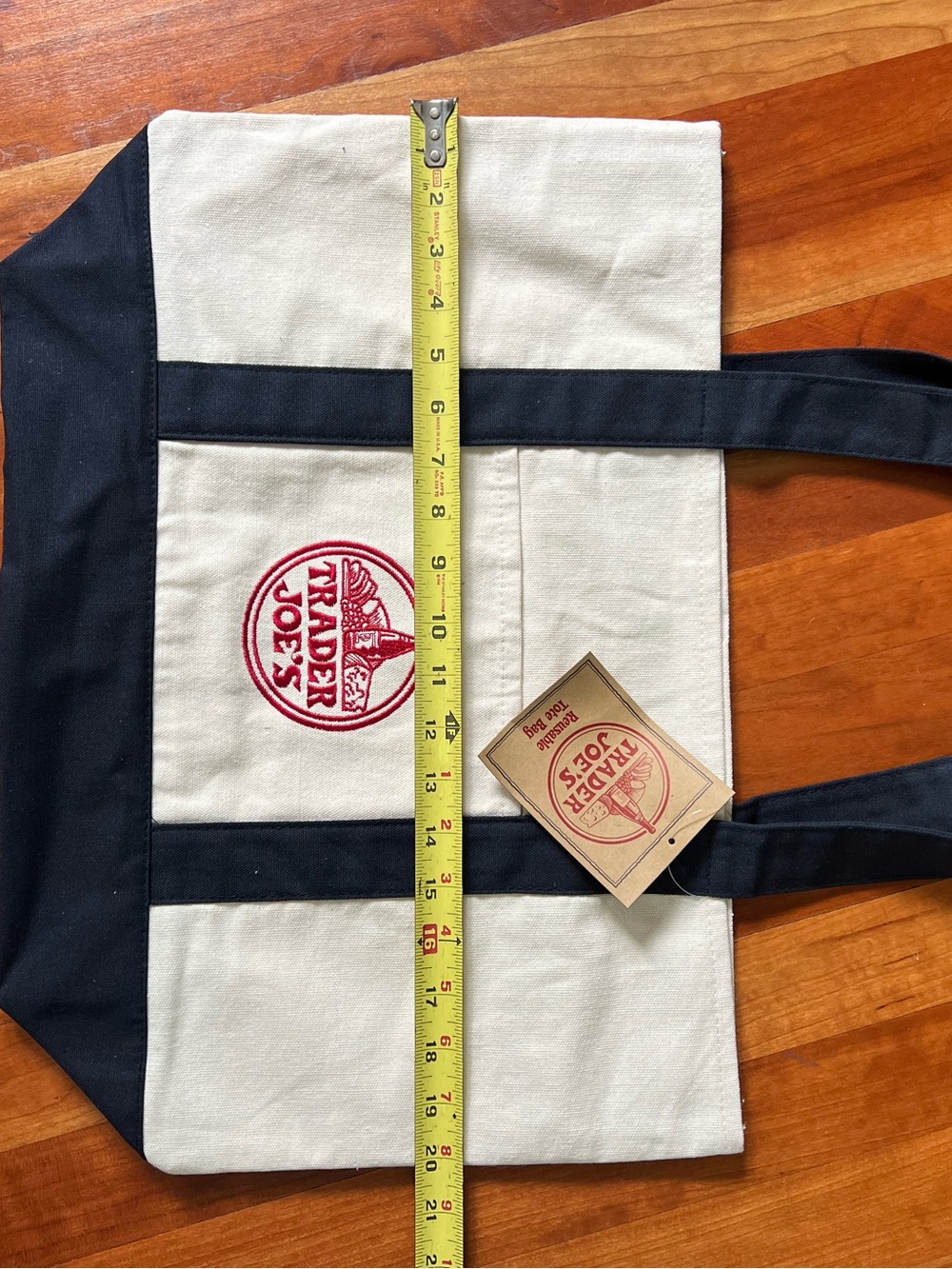 NWT Trader Joe’s Original Large Reusable Tote Bag in cream with navy blue handle - Picture 5 of 7
